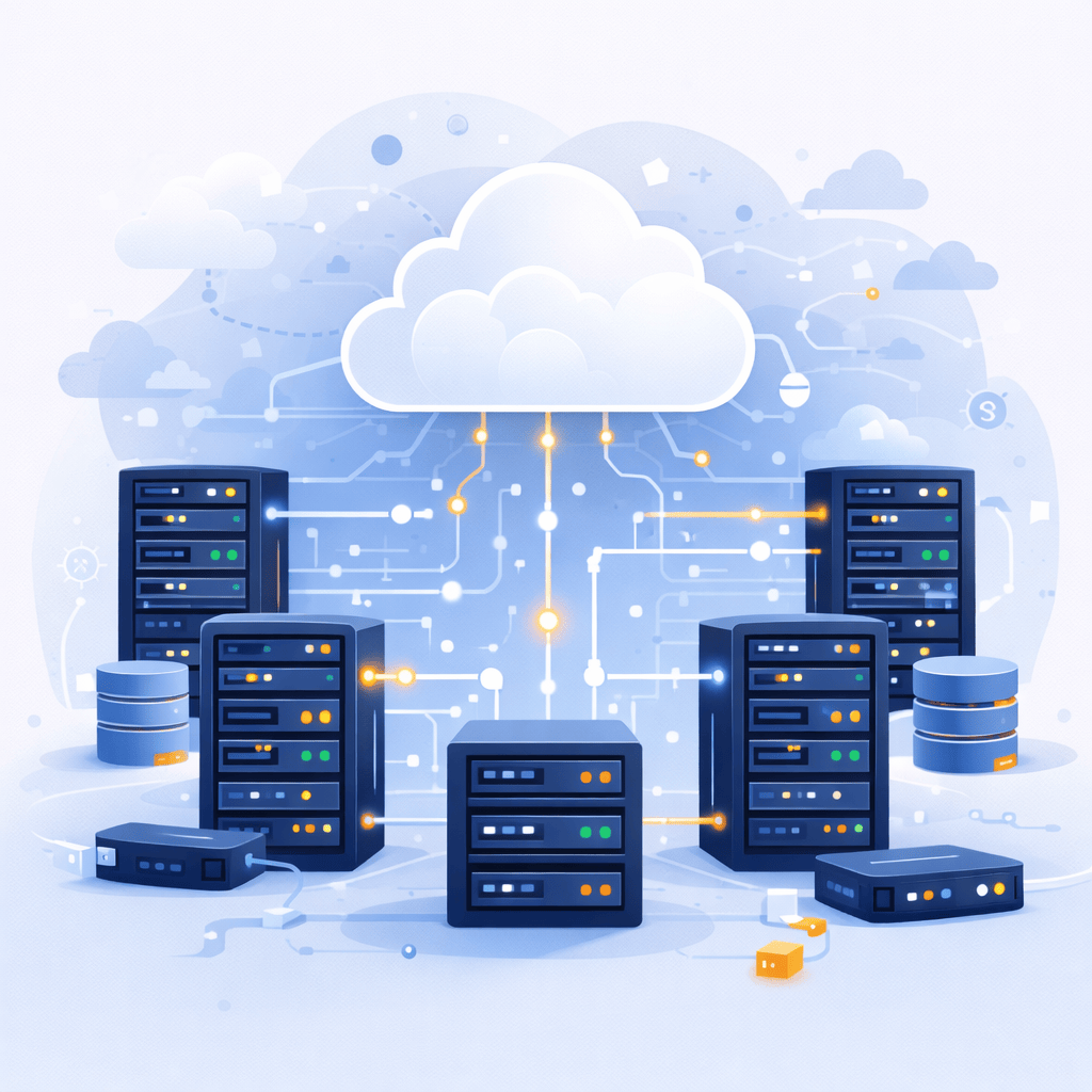 AI-powered data center infrastructure with cloud computing, connected servers, and network storage systems