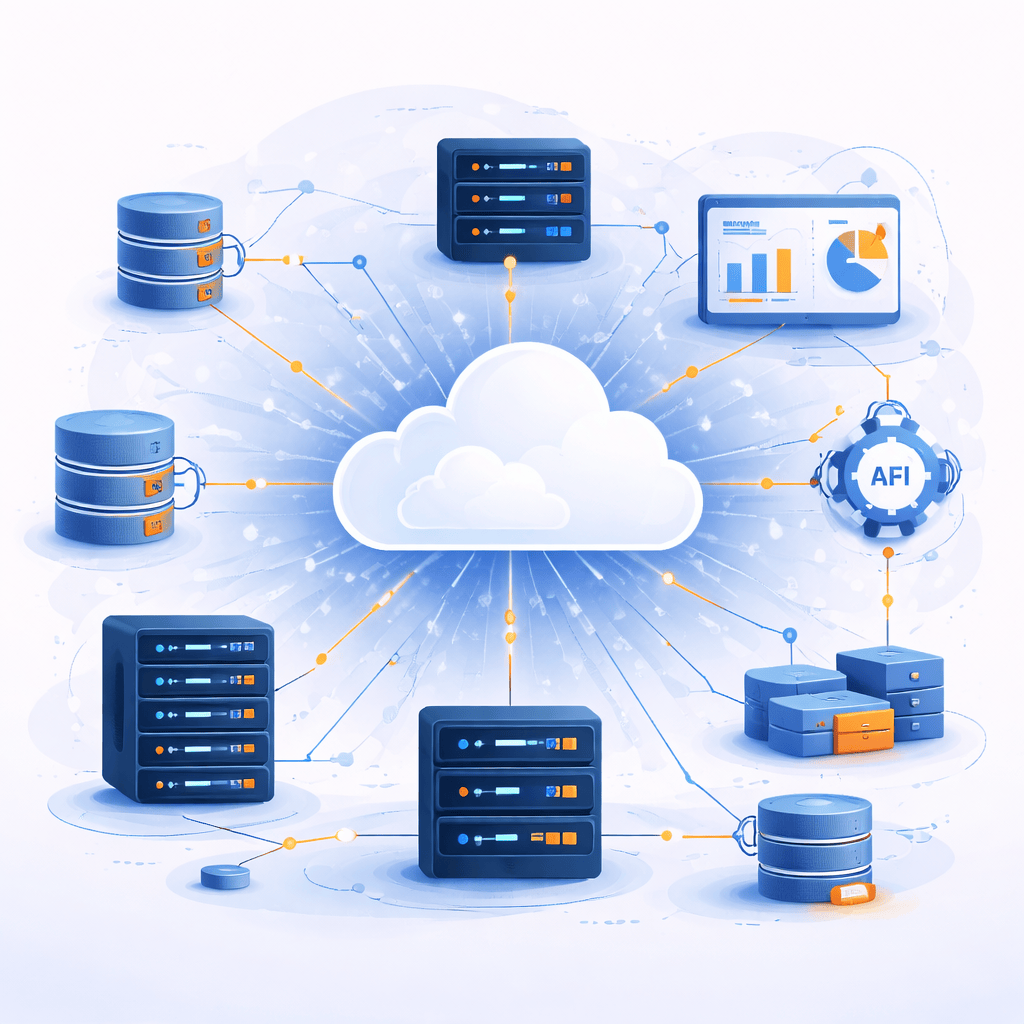 AI-powered data solutions with cloud computing, connected databases, APIs, and server infrastructure