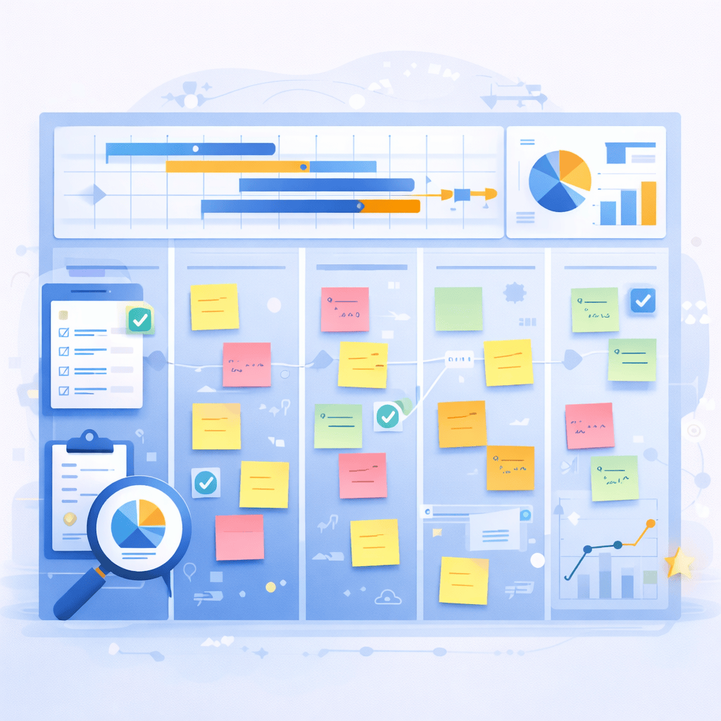 Project management dashboard with task boards, timelines, and workflow tracking