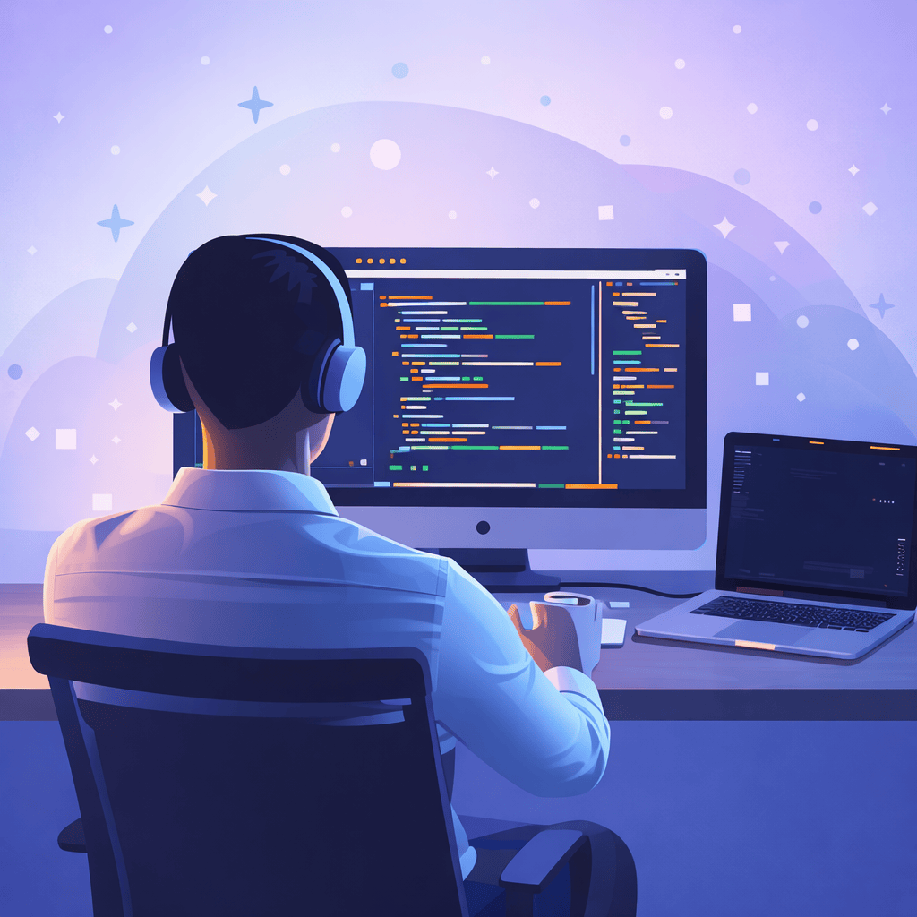 Software development with programmer coding on computer, showing application development and programming workflow